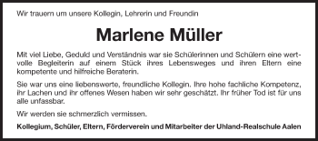 Traueranzeige von Marlene Müller von Schwäbische Post