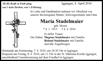 Traueranzeige von Maria Stadelmaier von Gmünder Tagespost