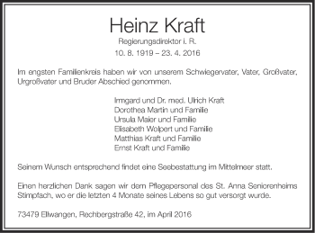 Traueranzeige von Heinz Kraft von Schwäbische Post