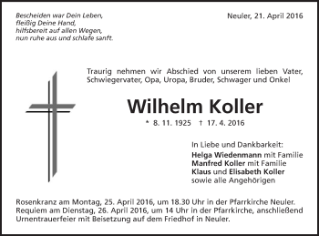 Traueranzeige von Wilhelm Koller von Schwäbische Post