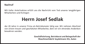 Traueranzeige von Josef Sedlak von Schwäbische Post