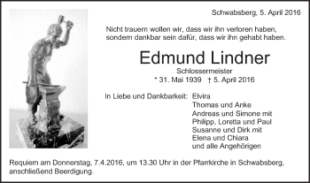 Traueranzeige von Edmund Lindner von Schwäbische Post