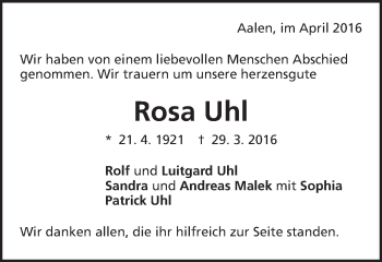 Traueranzeige von Rosa Uhl von Schwäbische Post