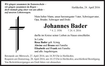 Traueranzeige von Johannes Bader