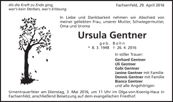 Traueranzeige von Ursula Gentner von Schwäbische Post