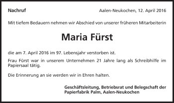 Traueranzeige von Maria Fürst von Schwäbische Post