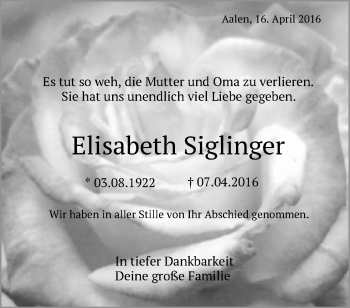 Traueranzeige von Elisabeth Siglinger von Schwäbische Post