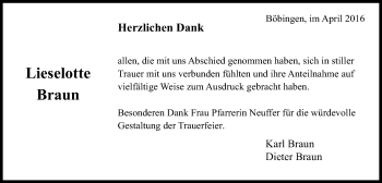 Traueranzeige von Lieselotte Braun von Gmünder Tagespost