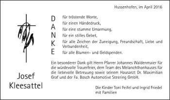 Traueranzeige von Josef Kleesattel von Gmünder Tagespost