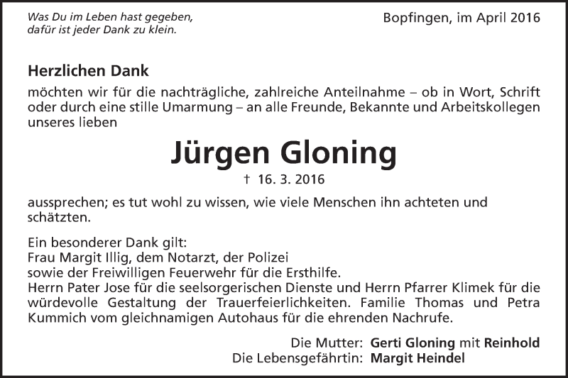  Traueranzeige für Jürgen Gloning vom 05.04.2016 aus Schwäbische Post