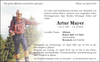 Traueranzeige von Artur Mayer von Schwäbische Post