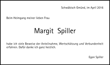 Traueranzeige von Margit Spiller von Gmünder Tagespost