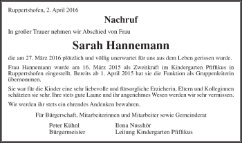 Traueranzeige von Sarah Hannemann von Gmünder Tagespost