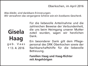 Traueranzeige von Gisela Haag von Amtsblatt_Oko