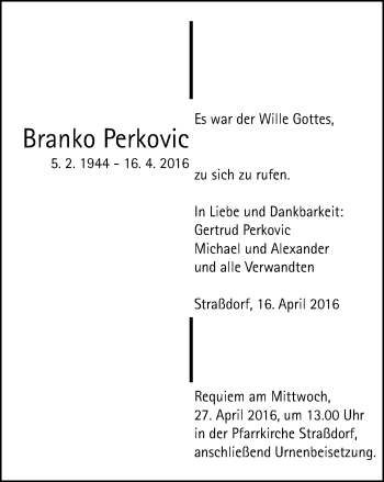 Traueranzeige von Branko Perkovic von Gmünder Tagespost