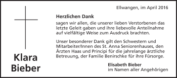 Traueranzeige von Klara Bieber von Schwäbische Post