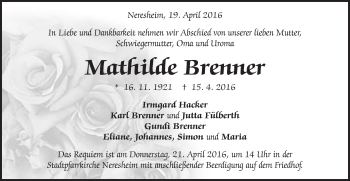 Traueranzeige von Mathilde Brenner von Schwäbische Post