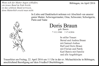 Traueranzeige von Doris Braun von Gmünder Tagespost