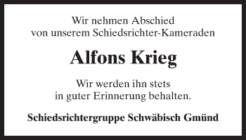Traueranzeige von Alfons Krieg von Gmünder Tagespost