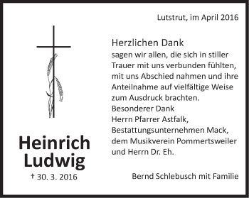Traueranzeige von Heinrich Ludwig von Schwäbische Post