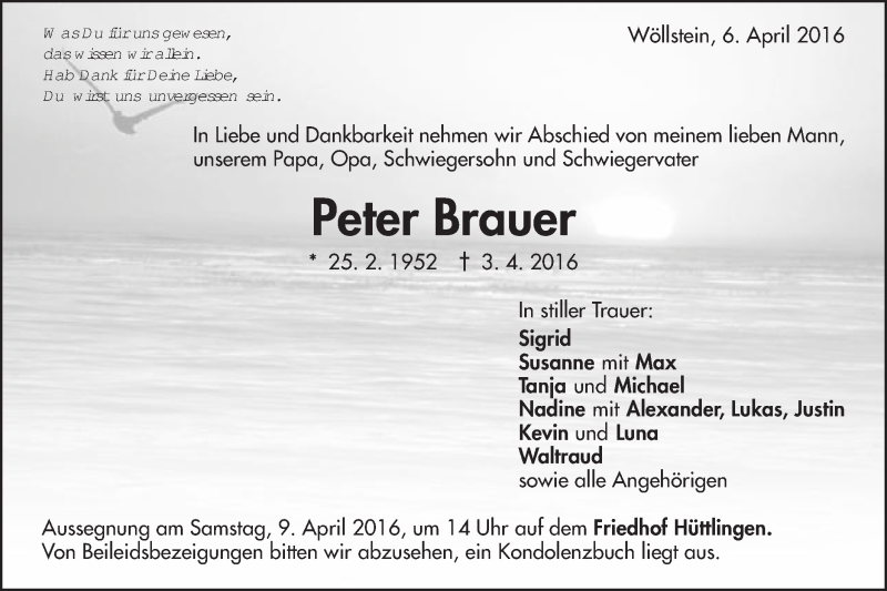 Traueranzeige für Peter Brauer vom 06.04.2016 aus Schwäbische Post