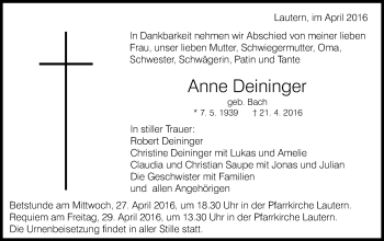 Traueranzeige von Anne Deininger von Gmünder Tagespost