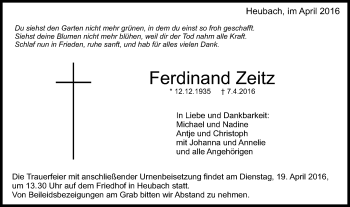 Traueranzeige von Ferdinand Zeitz von Gmünder Tagespost