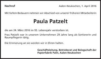 Traueranzeige von Paula Patzelt von Schwäbische Post