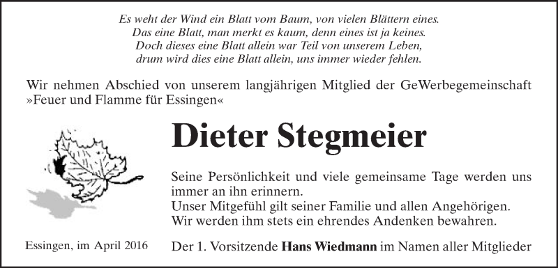  Traueranzeige für Dieter Stegmeier vom 26.04.2016 aus Schwäbische Post