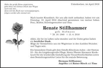 Traueranzeige von Renate Stillhammer von Schwäbische Post