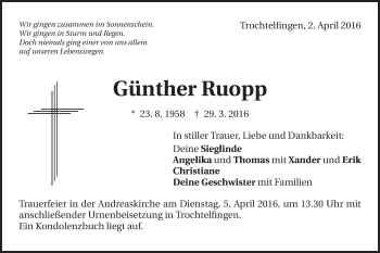 Traueranzeige von Günther Ruopp von Schwäbische Post