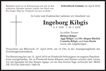 Traueranzeige von Ingeborg Kibgis von Gmünder Tagespost