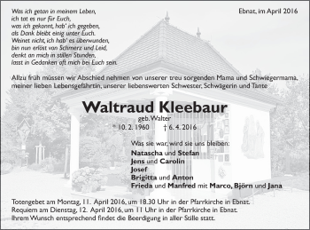 Traueranzeige von Waltraud Kleebaur von OstalbTrauer