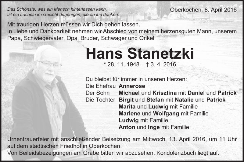  Traueranzeige für Hans Stanetzki vom 08.04.2016 aus Amtsblatt_Oko