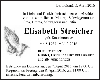Traueranzeige von Elisabeth Streicher von Gmünder Tagespost