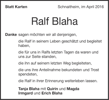 Traueranzeige von Ralf Blaha von Schwäbische Post