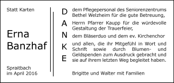 Traueranzeige von Erna Banzhaf von Gmünder Tagespost