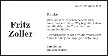 Traueranzeige von Fritz Zoller von Schwäbische Post