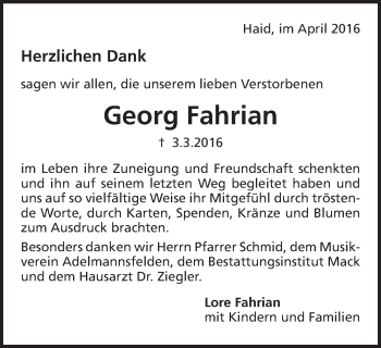 Traueranzeige von Georg Fahrian von Schwäbische Post