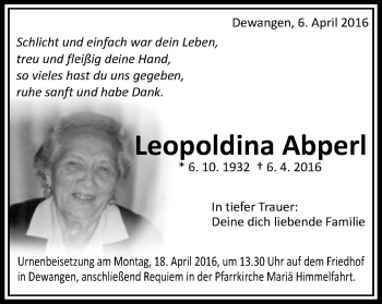 Traueranzeige von Leopoldina Abperl von Schwäbische Post