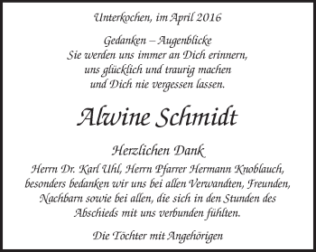 Traueranzeige von Alwine Schmidt von Schwäbische Post