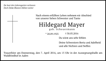 Traueranzeige von Hildegard Mayer von Schwäbische Post