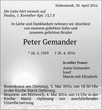 Traueranzeige von Peter Gemander von Schwäbische Post