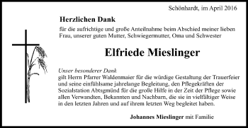 Traueranzeige von Elfriede Mieslinger von Gmünder Tagespost