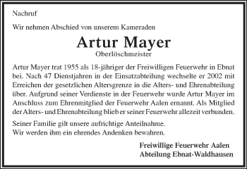 Traueranzeige von Artur Mayer von Schwäbische Post