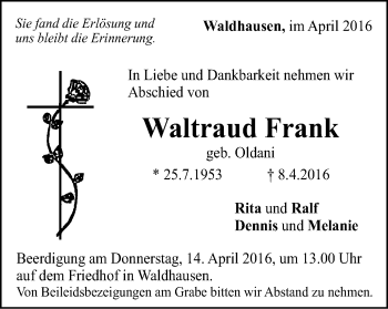 Traueranzeige von Waltraud Frank von Gmünder Tagespost