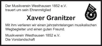 Traueranzeige von Xaver Granitzer von Schwäbische Post