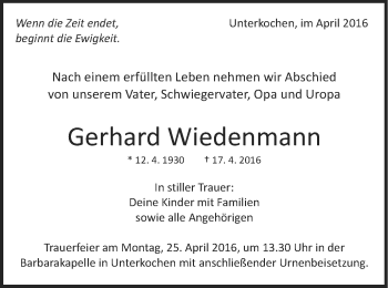 Traueranzeige von Gerhard Wiedenmann von Schwäbische Post
