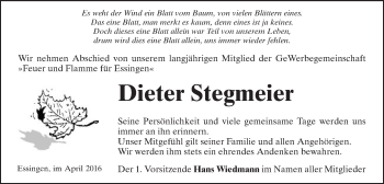 Traueranzeige von Dieter Stegmeier von Schwäbische Post