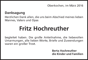 Traueranzeige von Fritz Hochreuther von Amtsblatt_Oko